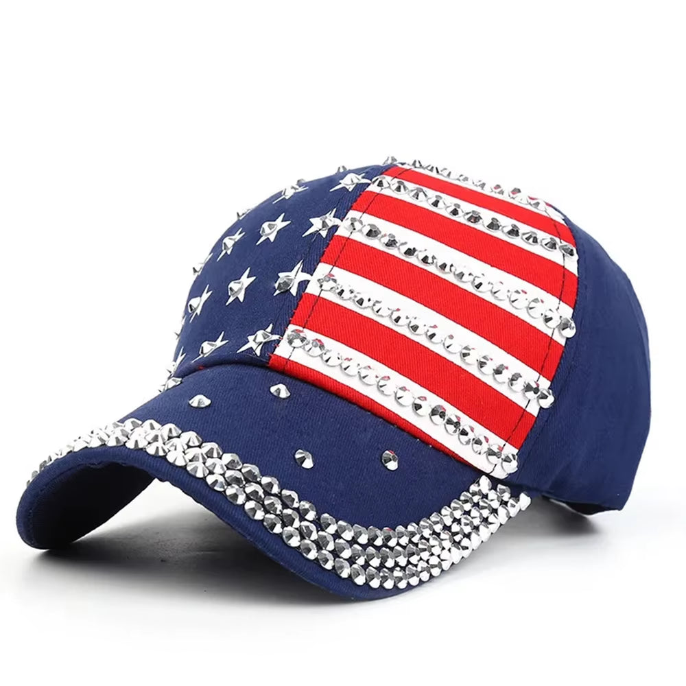 Men Women Baseball Cap USA Flag Diamond Rivet Brand Snapback Unisex Adjustable Rap Rock Hats Fashion Gorras